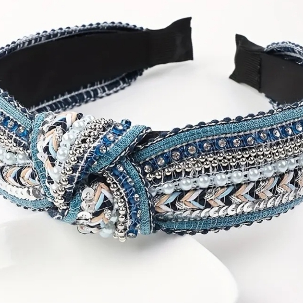 🦋NEW BLUE PEARL SEQUIN SMALL KNOT HEADBAND   NWOT